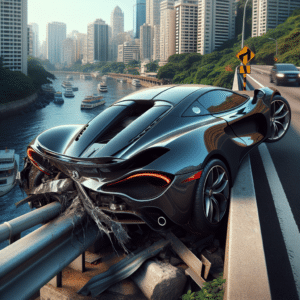 In the picture, a dark grey Porsche located in Belo Horizonte is shown crashed into the front guardrail of a bridge. The sleek and luxurious car is positioned in a peculiar angle; the back of the car is facing the water of the river while the front end is turned sharply to the side and touching the steel guardrail. The scene clearly shows the aftermath of an accident and creates an atmosphere of despair. The car is surrounded by a bustling cityscape of Belo Horizonte, with high-rise buildings and greenery in the backdrop. The foreground is filled with a mélange of colors; the body of the car is a shiny dark grey, while the steel guardrail is stark grey against the blues and greens from the nearby foliage.