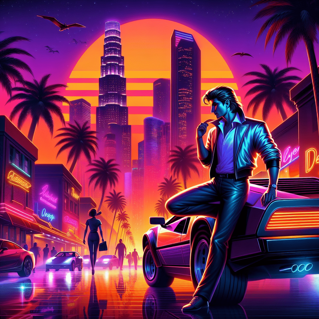 The picture showcases the iconic Vice City skyline at dusk, with vibrant hues of orange and purple dominating the background. In the foreground, a character resembling Tommy Vercetti, the protagonist of GTA: Vice City, is seen leaning against a sleek sports car, exuding confidence. The bustling streets of Vice City are visible in the background, filled with neon lights, palm trees, and bustling pedestrians.