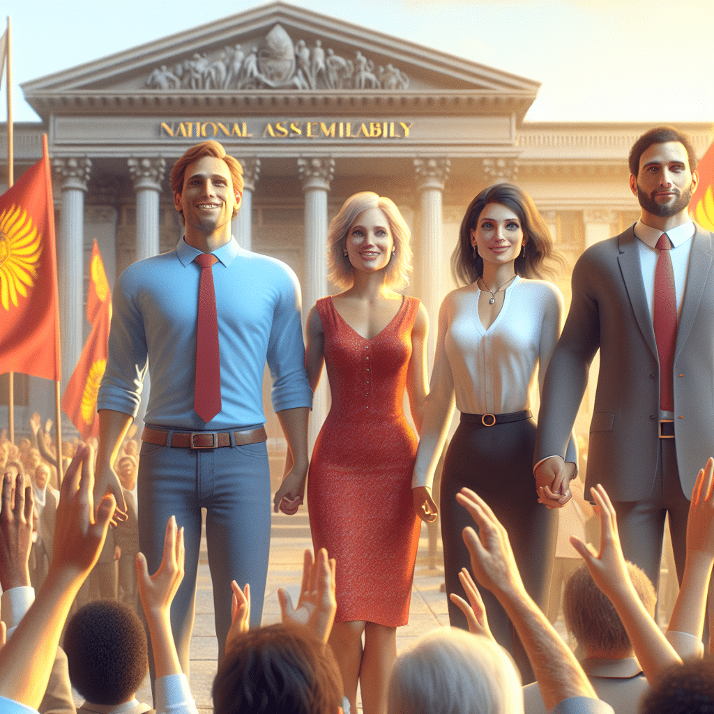 The picture features Gleisi Hoffmann, Luiz Inácio Lula da Silva, Workers' Party, National Congress, and Dilma Rousseff. The scene takes place in the National Congress of Brazil. In the foreground, the four individuals are posed in a line, side by side, welcoming the crowd with outstretched hands. Lula and Dilma are smiling towards the crowd while Gleisi and Hoffmann stand stoically. All four are dressed in bright colors- Lula in a sky blue shirt and matching blue jeans, Hoffmann in a red dress, and Dilma and Gleisi dressed in matching white tops and black bottoms. Behind them is a crowd of supporters, mostly adults, waving flags with the Workers’ Party emblem. In the background, the building is a sunlit yellow hue.