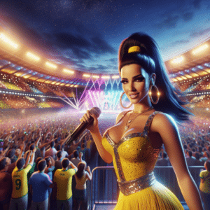 The picture shows Ivete Sangalo, a Brazilian singer, performing on stage at Maracanã, a Brazilian football stadium. She is wearing a bright yellow dress with a sequined top, and has her dark hair up in a high ponytail. Behind her, the crowd is enjoying the energetic show - some standing, others dancing, and some taking pictures. The orange, pink, and blue stage lights shine brightly on the singer, illuminating the packed stadium. The night sky is aglow with the beaming stadium lights in the background.