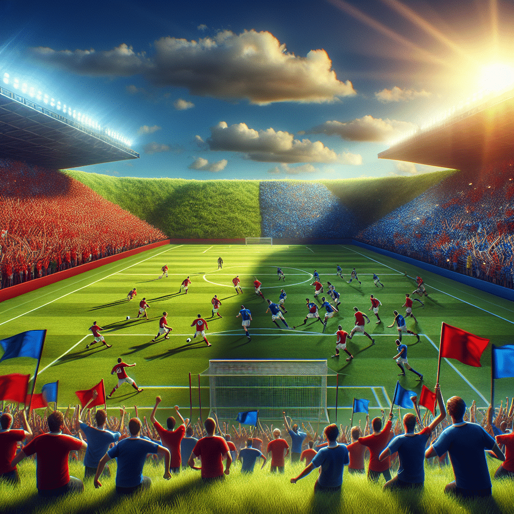 This picture is a brightly coloured one and depicts two teams on a football pitch with a large crowd of spectators behind. The teams, wearing blue and red, are River Atlético Clube and Sampaio Corrêa Futebol Clube respectively. The teams are playing in a Campeonato Piauiense match in the Campeonato Brasileiro Série D. The bright blue sky serves as a backdrop to the vibrant green of the football pitch and grass banks for the viewers to sit on. The players are running around and tackling each other on the pitch in an attempt to score a goal. The bright sun reflects off the faces of the crowd, all of whom are cheering on their respective teams. They are all wearing the team colours of red and blue, with each team having its own team banners held up in the air by the roaring crowd.