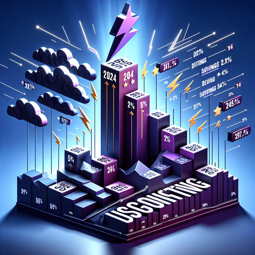 The picture shows a blue sky in the background with year 2024 written in large white font. In the foreground, there is a large purple infographic with a lightning bolt symbol at the top. The infographic shows Discounting in clear black lettering. It consists of several boxes each with different figures indicated by yellow arrows pointing up, down, and sideways. There is a long dark blue line crossing downwards cutting across the boxes with the symbol standing out from the summit. On the right side is a dark red bar with a star and percentages labelled 'savings'. The bottom of the infographic has five purple boxes with white text indicating the different types of Discounting.