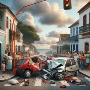 The picture is of an accident that happened in the state of Bahia, Brazil. It is a side view of the scene and it is in color. Two cars are in the foreground, one red and one white, that have collided into each other. The red car seems to be on top of the white and has crumpled its front. Both cars have extensive damage and debris is scattered around them. There is an orange streetlight pole slightly damaged from the impact. The background shows a residential neighborhood with small houses and trees. The sky is blue with wisps of gray clouds. People reside in the background, looking at the scene with shock and concern. There is a streetlight farther ahead on the street.