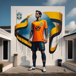 This image depicts an orange sponsored soccer jersey worn by a player from Sport Club Corinthians Paulista. The jersey is bright orange with the team logo featured on the front as well as alongside a sponsor logo. The player is seen wearing the jersey with navy blue sweat pants, black shin guards, and white cleats. Behind the player is a white building with a black roof and large window openings. There is also an abstract artwork of the Corinthians Paulista team badge, with curved lines of yellow, blue, and black drawing the area together. The sky is a pale blue color with just a few clouds visible in the background.