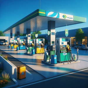 This picture depicts a busy gas station pumping station with multiple diesel fuel pumps visible. In the foreground, a yellow and green pump with a turquoise cover indicates diesel fuel, while a dark gray and blue pump indicate the PIS/PASEP program. A bright orange one next to them indicates a biodiesel fuel option. The pumps are lined up in front of a white painted barrier fence and a building in the background along with a few trees and a grassy area in the background. Around the pumps, several individuals are present, with a few customers getting their fuel from the pumps. Other customers can be seen waiting in line to get their fuel from the pumps. The bright blue sky above highlights the activity taking place in the gas station.