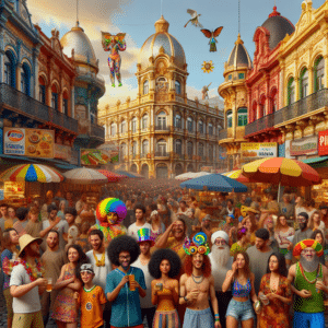 This picture is of a vibrant street scene in São Carlos, Brazil on Photographer Day, January 8th. The street is filled with people dressed in bright colors and costumes, presumably taking part in some type of celebration for the holiday. The sky is a beautiful deep blue, and the colors of the buildings in the background are an array of warm oranges, yellows, and deep reds. The street is lined with food stands and vendors of all kinds, and many people are gathered around them, chatting and enjoying the day. Some are wearing comical hats or costume glasses, others are taking selfies or laughing with friends. There areeven a few people holding cameras, presumably photographers capturing the moment. The scene is full of life and the energy of joy.