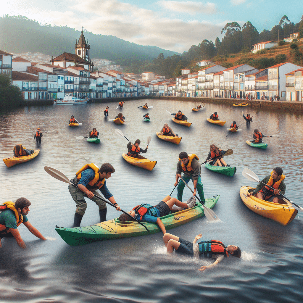 Grupo de alunos resgatados após canoagem em Vila do Conde devido à agitação marítima. Rápido socorro evita ferimentos graves. Segurança em atividades aquáticas essencial.