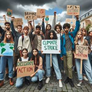 Estudantes em protesto exigem ação climática! Pressão global por mudanças urgentes nas políticas ambientais. A juventude ativa por um futuro sustentável.