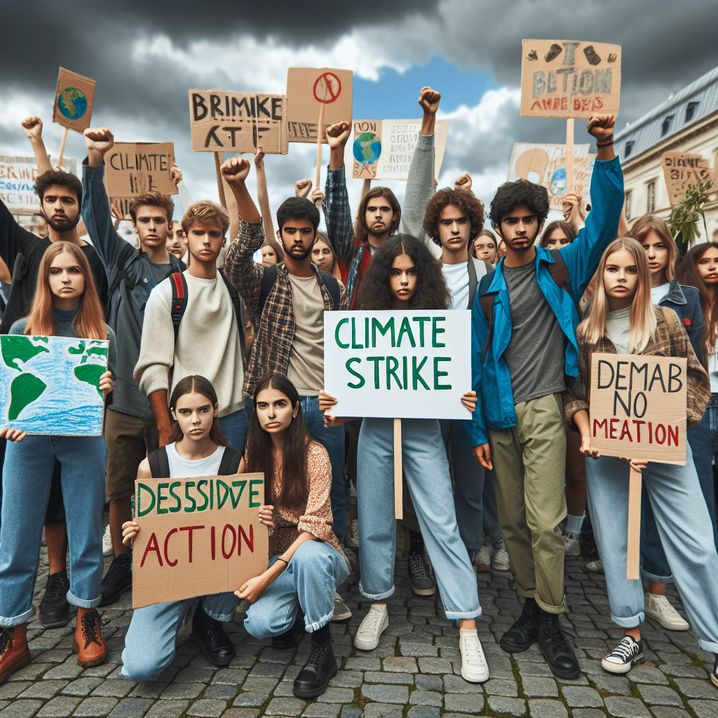 Estudantes em protesto exigem ação climática! Pressão global por mudanças urgentes nas políticas ambientais. A juventude ativa por um futuro sustentável.