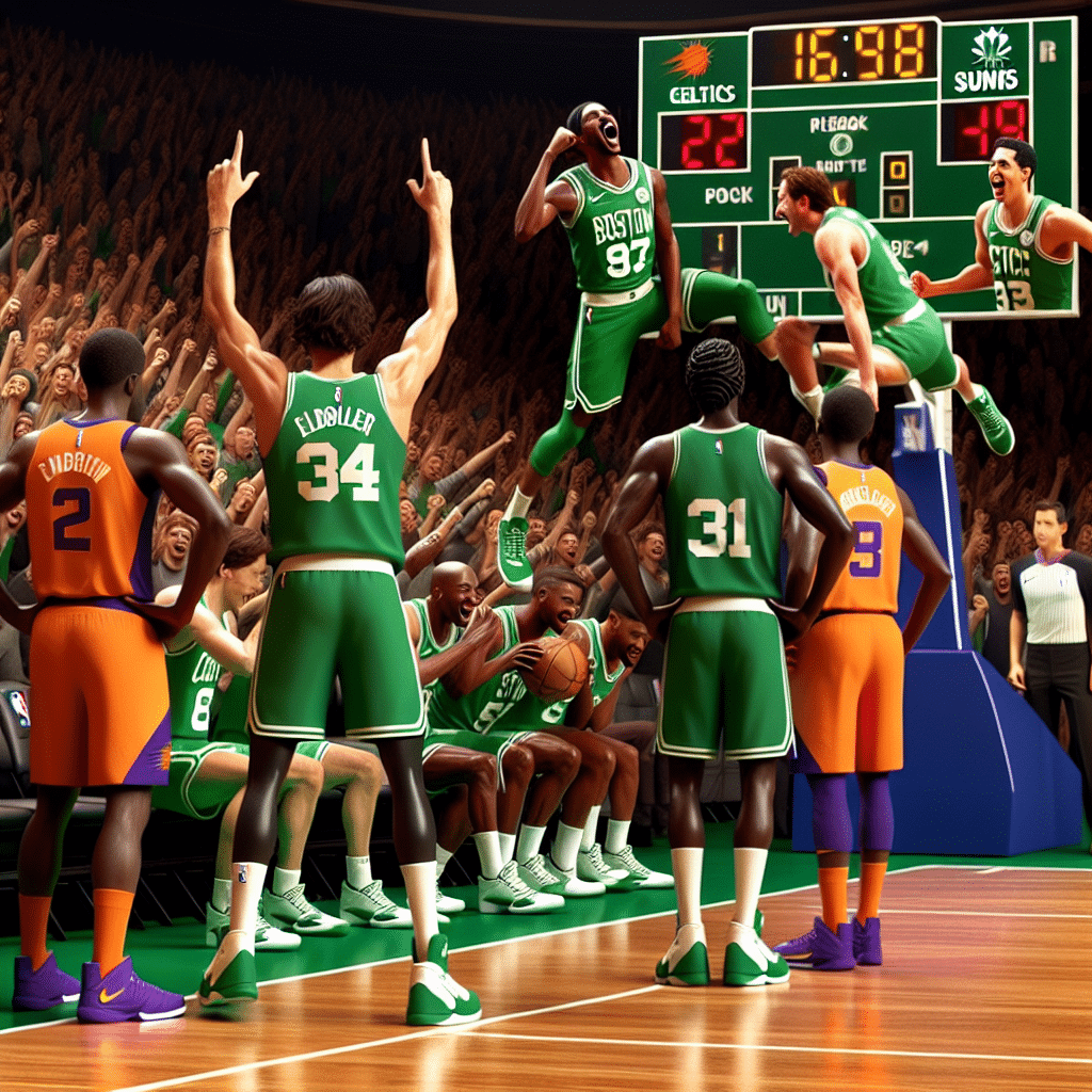 Boston Celtics vence Phoenix Suns com atuação marcante de Jayson Tatum e Jaylen Brown. Equipe lidera na Conferência Leste e se classifica para os playoffs.