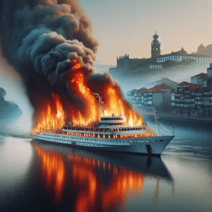 Incêndio em cruzeiro no Douro, Vila Nova de Gaia. Navio atracado no cais fluvial Quebrantões. Bombeiros controlam chamas. Autoridades investigam causas. Sem vítimas graves.