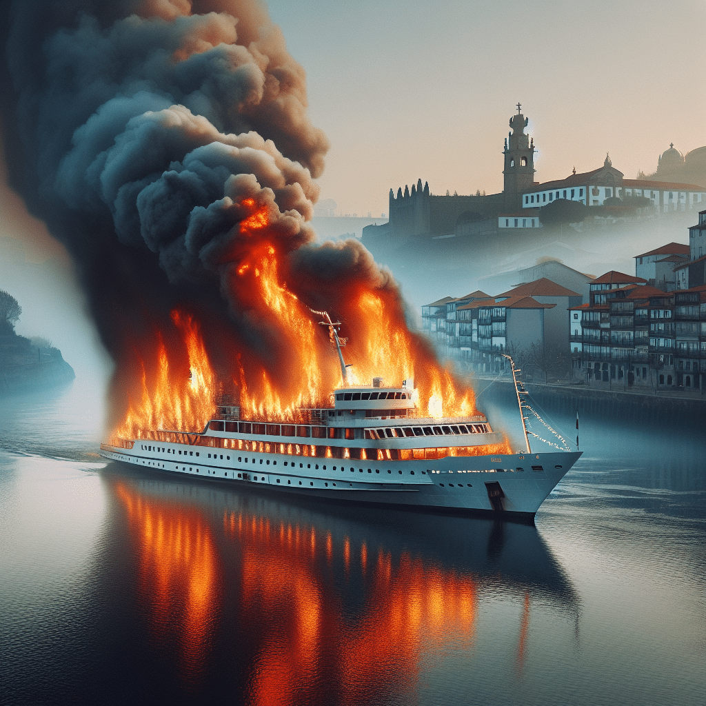 Incêndio em cruzeiro no Douro, Vila Nova de Gaia. Navio atracado no cais fluvial Quebrantões. Bombeiros controlam chamas. Autoridades investigam causas. Sem vítimas graves.