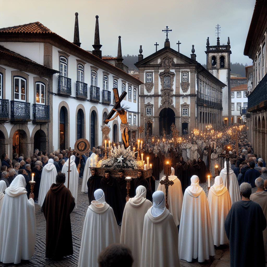 Emocionante encenação das Estações da Cruz em Porto de Mós durante a Semana Santa, celebrando a paixão de Cristo. Tradição e fé em destaque.