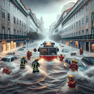 Lisboa sob chuva intensa e inundações devido à depressão Nelson. Bombeiros resgatam e autoridades alertam sobre riscos climáticos. População deve manter cautela e preparo.