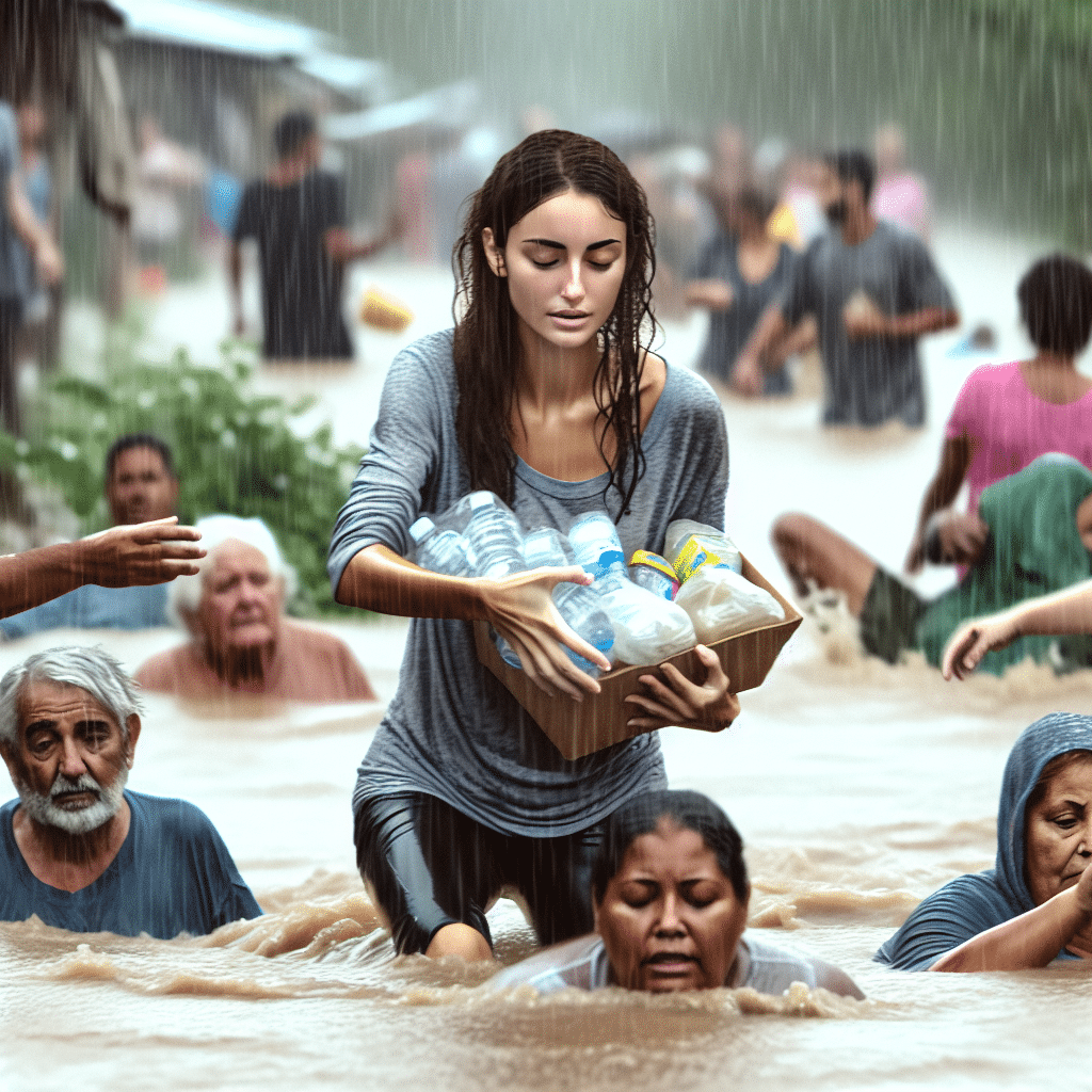 Katia Aveiro, do Rio Grande do Sul, auxilia vítimas de inundação em Gramado. Solidariedade em ação na região sul do Brasil.